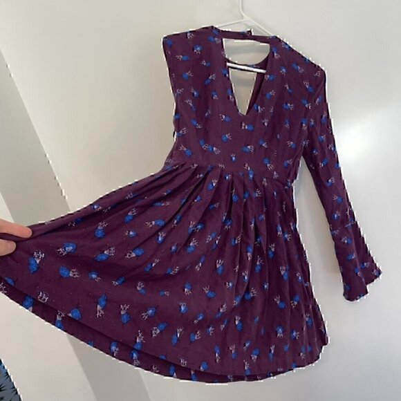 FREE PEOPLE FP Teagan Dress Purple Blue Long Flare Sleeve Cutout Mini Fit Flare - Picture 13 of 14